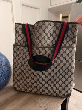 Gucci Beige/Ebony GG Canvas Shopper with Navy & Red Web Straps